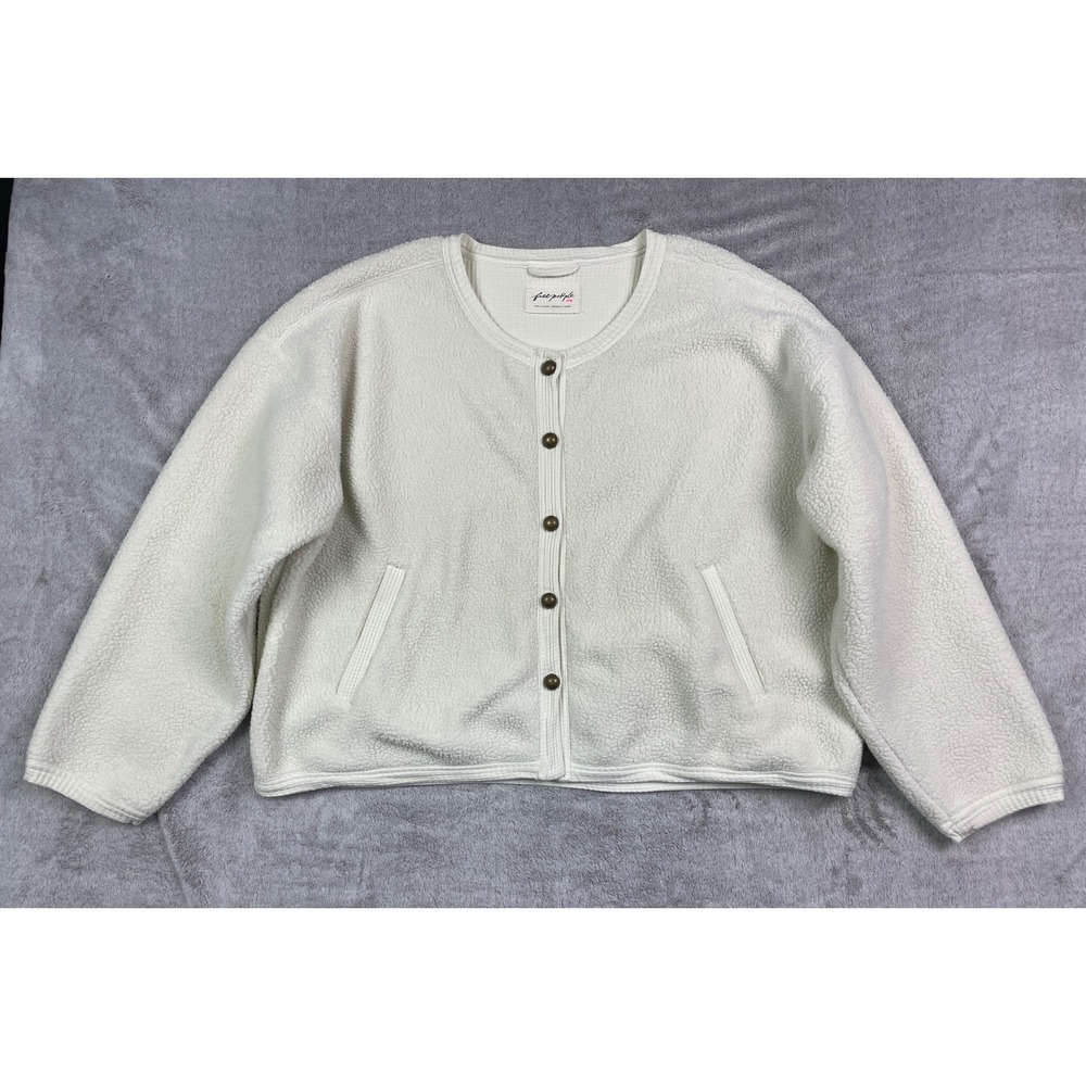 Free People Fleece Cardigan Women XL Cream Good Sherpa Button Front Jacket